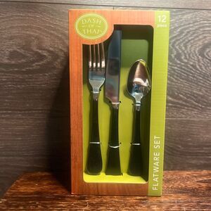 Dash of That Nora 12 Piece Stainless Steel Flatware with Sleek Black Handle. NIB